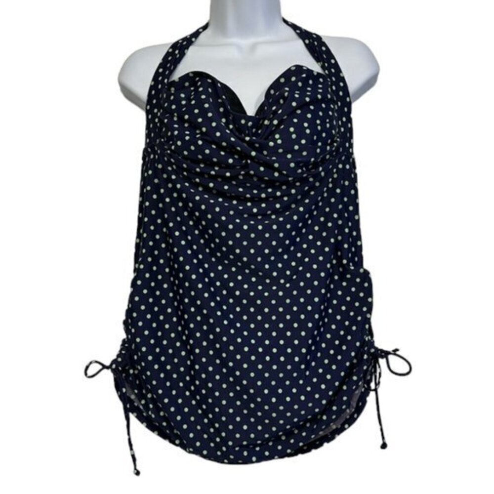 Swimsuits For All Tropical Culture Navy Blue Green Polka Dots Halter Size 16 EUC